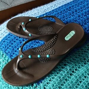 Brown Flip Flops with Turquoise Accents